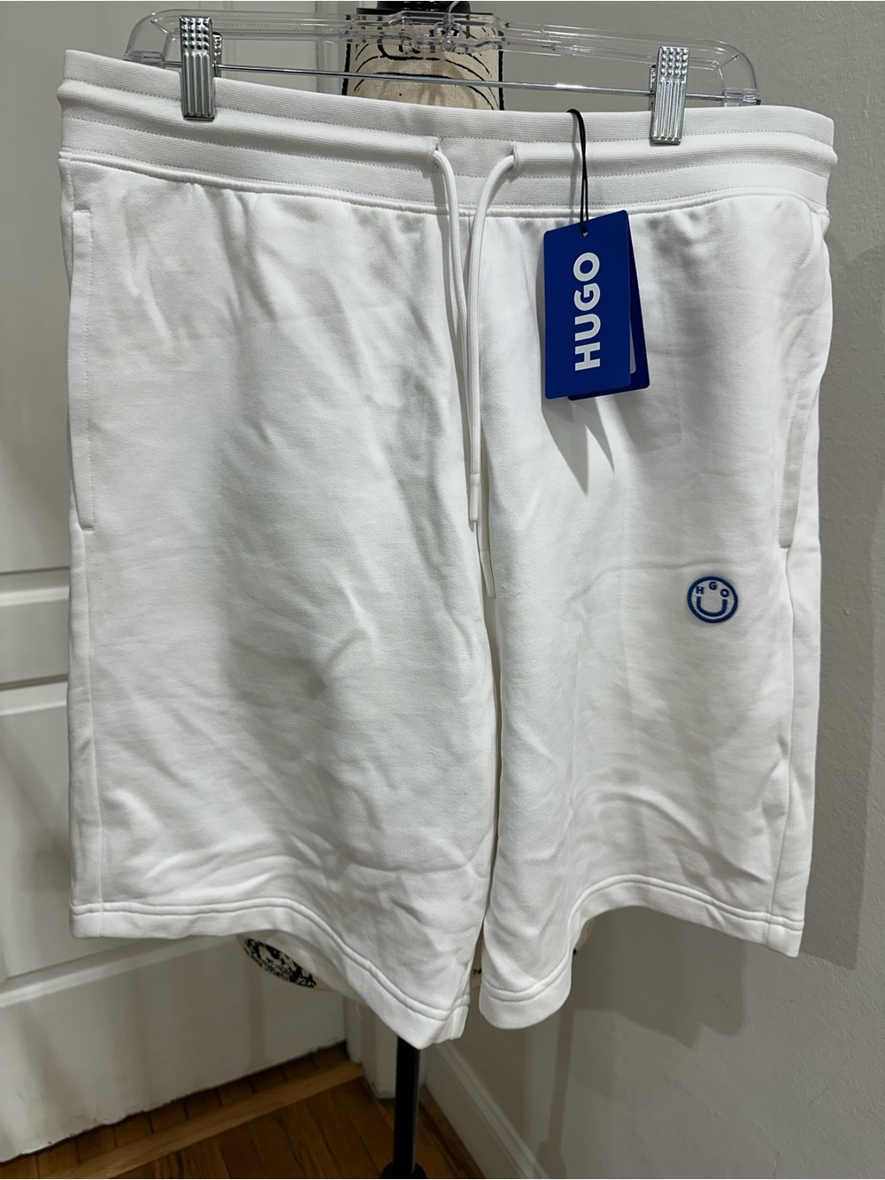 HUGO White Athletic Drawstring Shorts with Blue Smile Logo